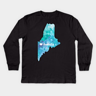 maine augusta map watercolor usa blue Kids Long Sleeve T-Shirt